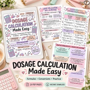 May include: A digital tablet and printed study sheets titled Dosage Calculation Made Easy, featuring formulas, unit conversions, and practice problems. The pages are decorated with colorful medical icons like syringes, stethoscopes, and calculators.