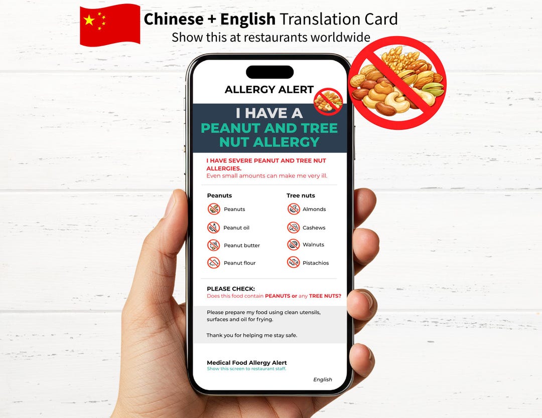 Peanut and Tree Nut Allergy Card Chinese + English Translation Digital ...