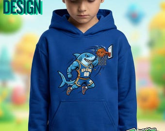 Basketball Shark Kids Hoodie, Youth Sports Sweatshirt, Cool Animal Graphic Pullover for Boys & Girls, Unisex Gamer Sweater