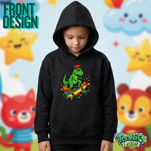 Skater Dinosaur Kids Hoodie, Cool T-Rex Sweatshirt, Youth Skater Hoodie, Boys Dino Pullover, Skateboard Graphic Top, Rad Retro Dino Gift