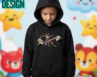 Samurai Sushi Kids Hoodie | Anime Youth Pullover | Funny Ninja Sweatshirt | Kawaii Japanese Food Graphic | Cute Gamer Sweater