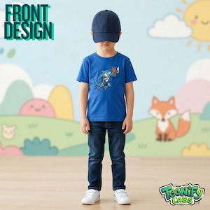 May include: A child wearing a blue t-shirt with a shark playing basketball graphic. The shirt has the text "FRONT DESIGN" on the top left. The child is also wearing a navy blue cap, blue jeans, and white sneakers. The Toonify Labs logo is on the bottom right.
