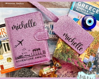 Glitter Passport and Luggage Tag Set, Passport Set, Passport Cover, Greece, Greek, Luggage Set, Travel Set