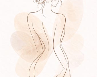 Arte abstracto de líneas femeninas para pared, estampado de silueta femenina bohemia, póster minimalista femenino, decoración en tonos beige neutros, arte moderno para pared imprimible.