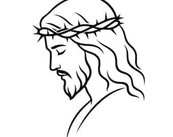 Silueta de Jesús en formato SVG, Corona de Espinas en formato SVG, Archivo de corte de arte lineal cristiano, SVG religioso para Cricut, Clip art de perfil minimalista de Jesús