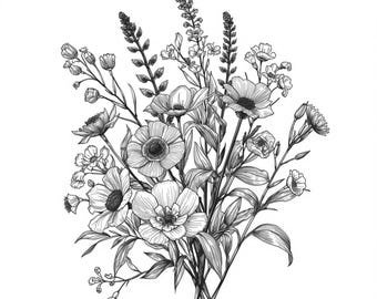 SVG de flores silvestres, PNG de ramo floral, diseño botánico de flores, archivo de corte para Cricut, imágenes prediseñadas de flores, SVG floral minimalista
