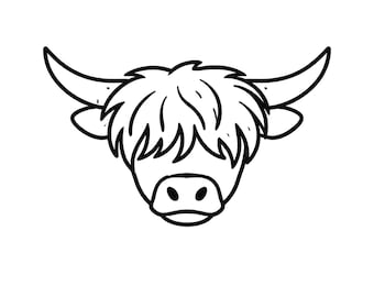 Vaca de las Tierras Altas SVG, Contorno de cabeza de vaca SVG, Lindo animal de granja SVG, Arte lineal minimalista de vaca, Archivo de corte de vaca para Cricut, Imágenes prediseñadas de granja, SVG JPG imprimible