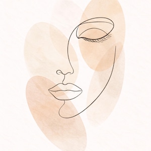 May include: Minimalist line art print of a woman's face. The artwork features a single continuous black line outlining the profile, including closed eye, nose, and lips. Soft peach-coloured oval shapes are in the background against a white backdrop.