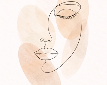 Arte abstracto de rostros en línea para pared, impresión de retrato bohemio neutro, dibujo minimalista de línea continua, decoración moderna beige, arte de pared imprimible