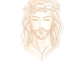 Dibujo lineal del rostro de Jesús en formato PNG, ilustración minimalista cristiana, retrato de Jesús en tonos pastel, dibujo de línea continua, imágenes prediseñadas de fe, arte mural religioso.