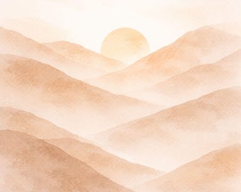 Arte mural minimalista abstracto de paisaje, estampado bohemio de montaña en tonos neutros, decoración de pared con sol beige, póster minimalista moderno, obra de arte de naturaleza serena.