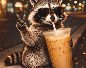 Póster divertido de mapache, mapache genial con café, arte mural de animales adorables, estética urbana moderna, arte animal imprimible, descarga digital