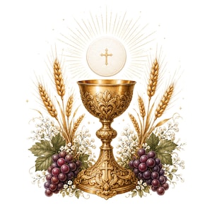 May include: A golden chalice with intricate embossed floral patterns and a cross at the base, flanked by stalks of wheat and clusters of purple grapes with green leaves. Above the chalice floats a white communion host featuring a small cross.