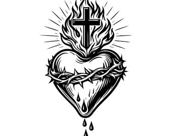 Sagrado Corazón SVG, Corazón de Jesús PNG, Corazón Cristiano SVG, Diseño Religioso, Archivo de Corte para Cricut, Imágenes de Fe, Arte de Corazón con Cruz
