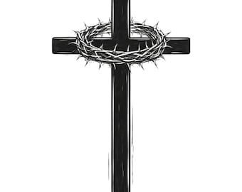 Cruz cristiana con corona de espinas SVG, Cruz de Jesús PNG, Diseño religioso, Imágenes prediseñadas de la Cruz de Pascua, Símbolo bíblico para imprimir en la pared