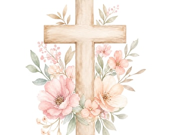 Cruz floral bohemia PNG, cruz cristiana pastel con flores, imágenes prediseñadas de fe en acuarela, decoración de guardería para bautizo, SVG religioso neutro