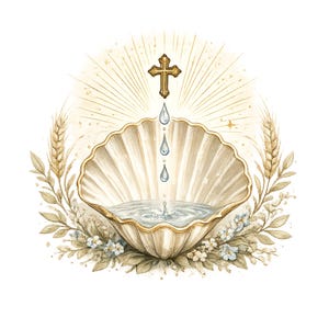 May include: A golden cross positioned above a large, open seashell filled with water. Three water droplets fall from the cross into the shell. The design is framed by stalks of wheat and small blue flowers, with golden light rays radiating outwards.