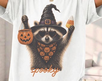 Comfort Colors Spooky Raccoon Shirt , Funny Halloween T-Shirt, Cute Witch Hat Pumpkin Tee for Fall Party Outfits
