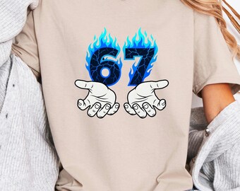 67 Hands Meme Tshirt, Six Seven Gen Z Tee, Blue Fire Viral Top, Internet Humor Apparel, Gag Gift For Teen Boy
