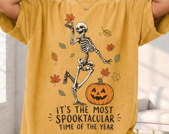 Comfort Colors Spooktacular Skeleton Halloween Shirt Cute Pumpkin Fall Tee for Women and Autumn Outfits