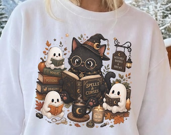 Cute Black Cat Halloween Shirt, Witchy Book Cat Ghost Tee, Spells and Curses Spooky Fall Comfort Colors Shirt