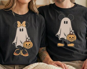 Retro Mickey Minnie Halloween Couple Comfort Colors Shirts, Mickey Ghost Shirt, Minnie Ghost Shirt, Spooky Season Tee, Disney Halloween