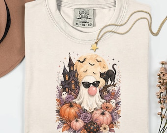 Cute Ghost Halloween Comfort Colors Shirt, Spooky Bubblegum Ghost Tee, Black Cat Haunted House Fall Shirt,Floral Pumpkin Shirt