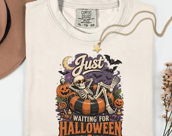 Comfort Colors Just Waiting For Halloween Shirt, Funny Skeleton Pool Float Tee, Spooky Pumpkin Bat Moon Graphic, Halloween Party Gift Tee
