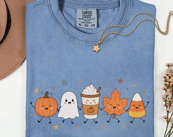Cute Halloween Friends Comfort Colors Shirt, Pumpkin Ghost Coffee Candy Corn Fall Tee, Kawaii Spooky Season Shirt
