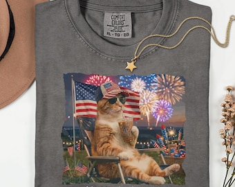 Comfort Colors Funny Fourth of July Cat Shirt Patriotic Orange Tabby 4th July Tee