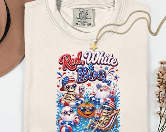 Comfort Colors Red White And Boo Shirt, Patriotic Halloween Pool Party Tee, Summerween Skeleton Ghost Pumpkin Graphic, Fourth Of July Gift