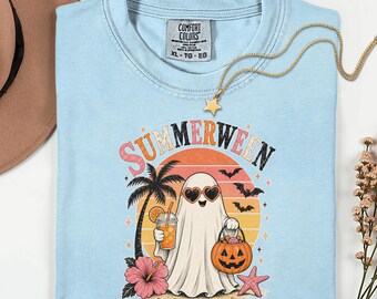 Summerween Ghost Comfort Colors Shirt, Cute Summer Halloween Tee, Spooky Beach Ghost Fall Shirt