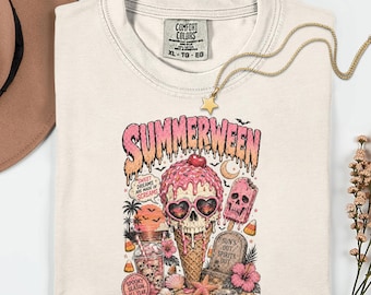 Summerween Ghost Comfort Colors Shirt, Spooky Ice Cream Skull Tee, Pink Halloween Beach T- Shirt