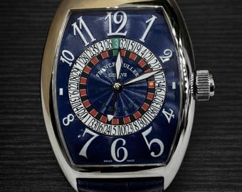 Reloj de pulsera vintage Franck Muller de movimiento automático, esfera azul y correa de cuero azul para hombre.