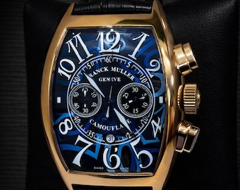 Reloj de pulsera vintage Franck Muller cronógrafo con movimiento de cuarzo, esfera azul y correa de cuero negro para hombre.