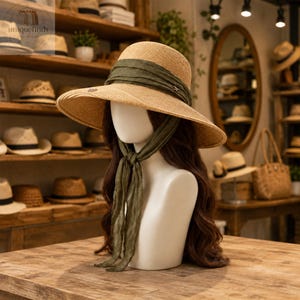 May include: A tan straw sun hat with a wide brim and a dark olive green fabric band wrapped around the crown. The band features long, flowing fabric ties that hang down from the side, resting against the neck area of the display mannequin.