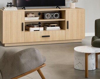 Mid Century TV Stand Fluted Walnut Entertainment Center Storage Console Cabinet Furniture Home