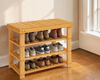 Bamboo Shoe Rack Bench Entryway Organizer Storage Shelf Natural Wood Stand