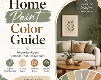 Könnte beinhalten: Ein "Home Paint Color Guide" mit Text und Grafiken. Der Leitfaden enthält eine Raumeinstellung mit einem Sofa, gerahmter Kunst und einer Farbpalette. Der Text enthält "Farben, die Ihr Zuhause verändern" und "Einfache Farben. Bessere Räume."