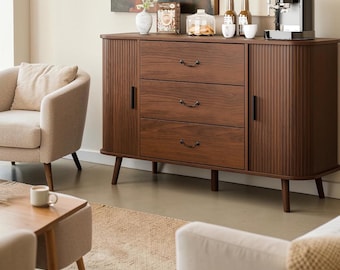 Walnut Sideboard Buffet Cabinet Storage Coffee Bar Sliding Doors Console Entryway Furniture