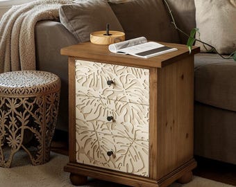 Farmhouse Nightstand Carved Wood Drawer Bedside Table Rustic French End Table