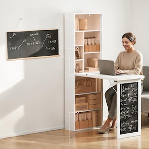 May include: A white, wall-mounted desk with a built-in bookcase and a chalkboard. The desk is open, revealing shelves filled with books and storage boxes. A smaller chalkboard is attached to the desk, with mathematical formulas written on it.