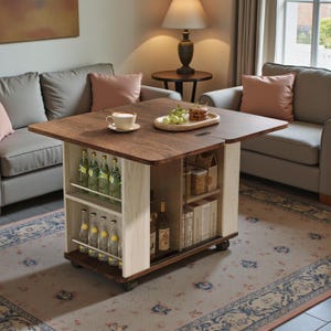May include: A wooden, rolling coffee table with a lift-top design. The table has a dark brown surface and a white and brown storage area. The storage area contains bottles, boxes, and shelves. The table is in a living room setting with two gray sofas.