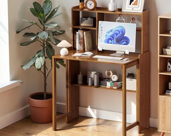Bamboo Folding Desk With Storage Small Space Foldable Desk Home Office Bookshelf Table