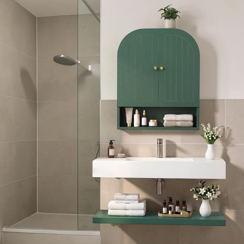 Arched Medicine Cabinet Fluted Wall Storage Bathroom Organizer Over Toilet Shelf Grün