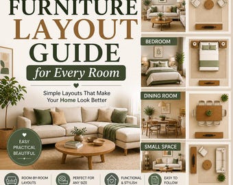 Könnte beinhalten: Ein Ratgeber mit dem Titel „FURNITURE LAYOUT GUIDE for Every Room“ mit Raumbeispielen für Wohnzimmer, Schlafzimmer, Esszimmer und kleine Räume. Der Ratgeber zeigt ein beiges Ecksofa, einen runden Couchtisch und den Text „Simple Layouts That Make Your Home Look Better“.