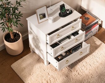 White Nightstand Set of 2 Charging Bedside Table Drawer Storage End Table Modern