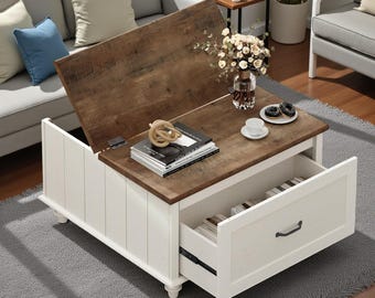 Farmhouse Lift Top Coffee Table with Hidden Storage Drawer and Rustic Wood Design