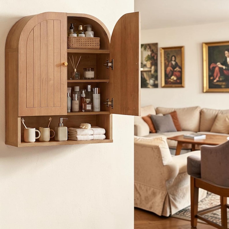 K&ouml;nnte beinhalten: Ein h&auml;ngender Holzschrank mit gew&ouml;lbtem Oberteil und zwei T&uuml;ren, von denen eine ge&ouml;ffnet ist. Das Innere verf&uuml;gt &uuml;ber drei Regale mit verschiedenen Flaschen, einem geflochtenen Korb und einem Duftdiffusor. Ein offenes unteres Regal enth&auml;lt zwei Becher, einen Seifenspender und gefaltete Handt&uuml;cher.