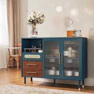 Modern Coffee Bar Cabinet Buffet Sideboard with Wine Rack Drawer Glass Doors